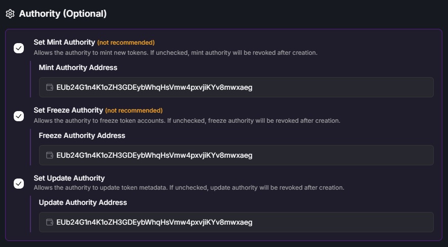 Create Token Form - Configure Authorities
