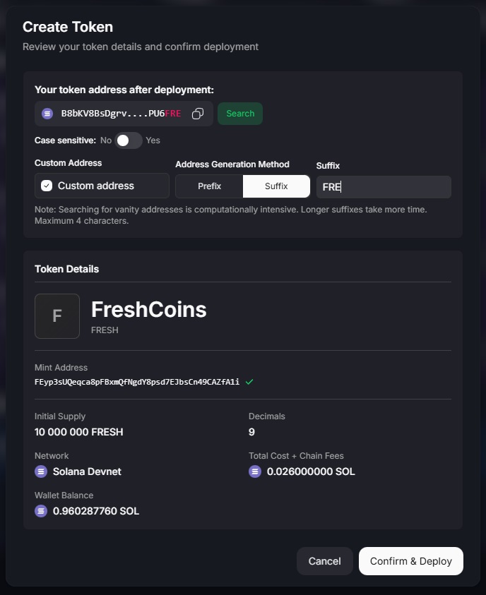 Create Token Form - Review and Deploy